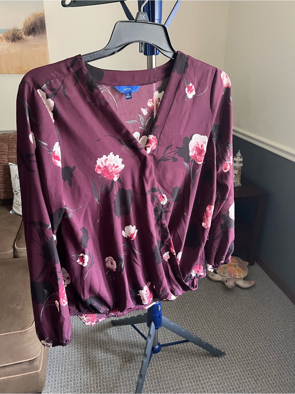 Apt. 9 Purple Floral V-Neck Long Sleeve Pullover Blouse Women’s M #  450